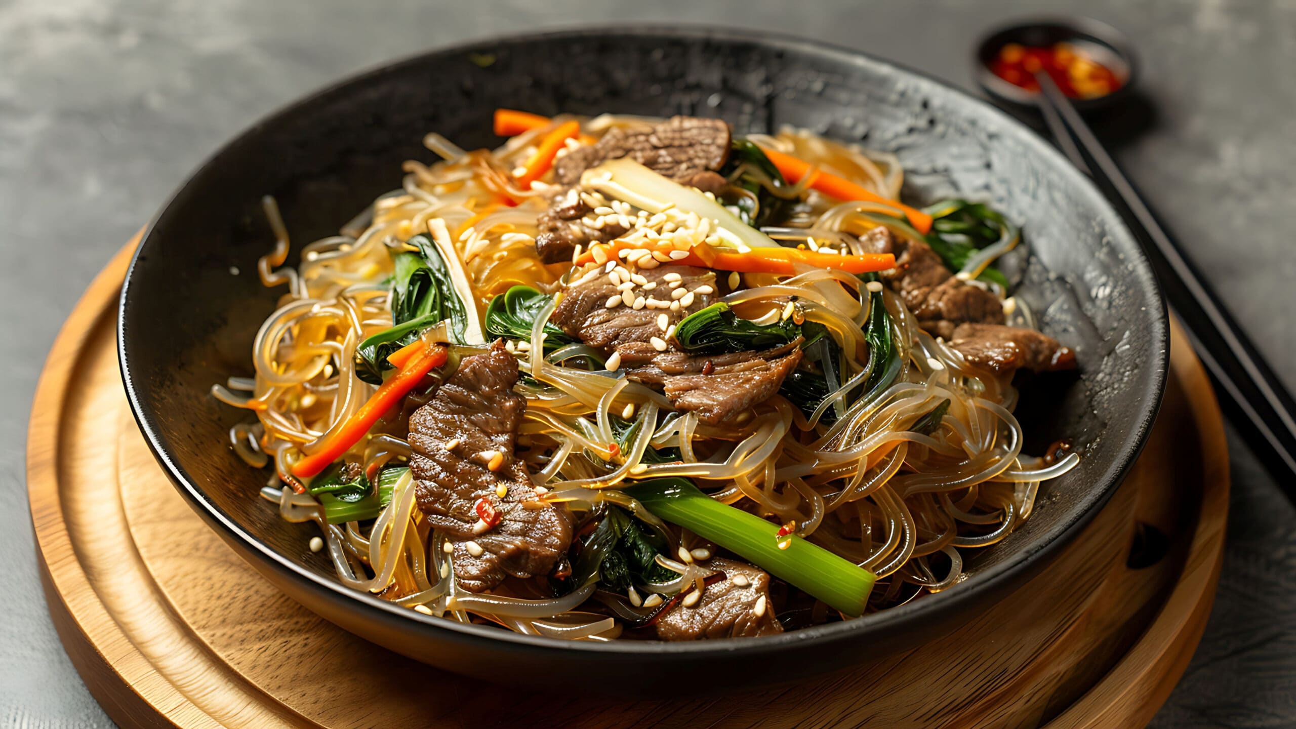 món ăn hàn quốc Japchae là món miến xào Hàn Quốc với rau củ, thịt và gia vị thơm ngon