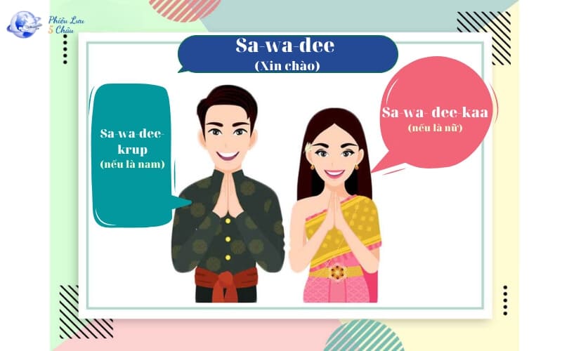 tiếng thái Khi chào hỏi bằng tiếng Thái, nam giới thêm kráp, nữ giới thêm kha sau Sawasdee để thể hiện sự lịch sự