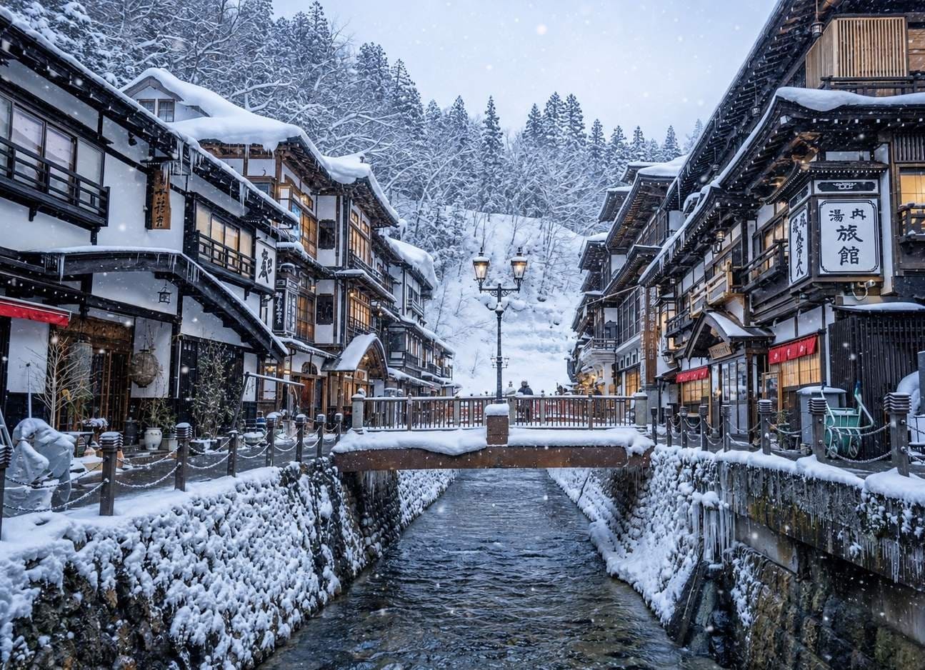 ngắm tuyết ở nhật bản Ginzan Onsen thơ mộng với những ngôi nhà gỗ cổ kính phủ tuyết và suối nước nóng ấm áp giữa mùa đông